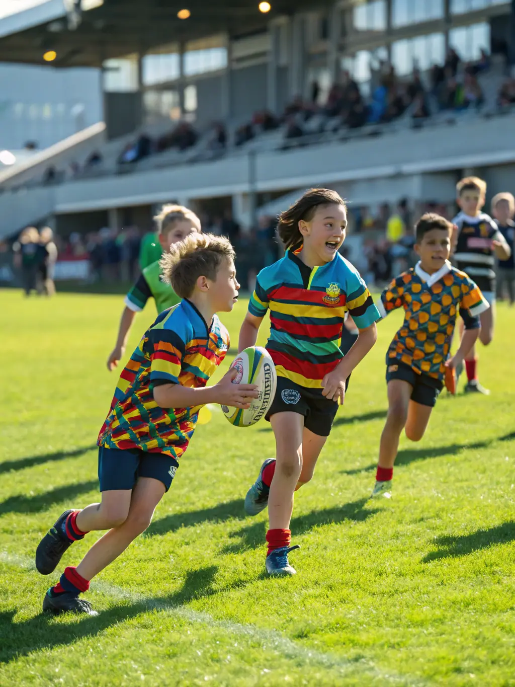 A vibrant action shot of young rugby players participating in a training session, showcasing teamwork and skill development under the guidance of experienced coaches.