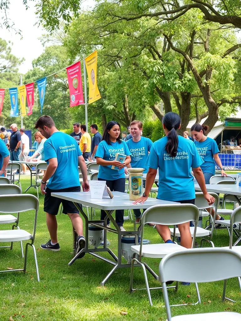 A photo of volunteers and community members working together to organize a local rugby event, highlighting the organization's community engagement efforts.