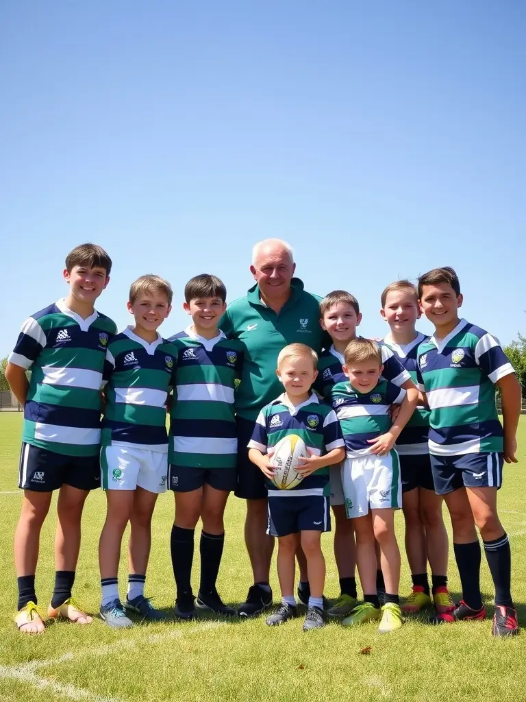 A dynamic image of young rugby players participating in a training session, showcasing the energy and enthusiasm of youth rugby.