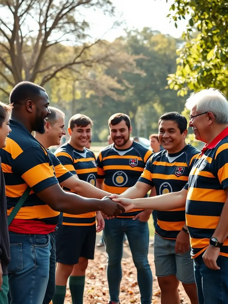 A diverse group of individuals participating in an inclusive rugby clinic, demonstrating the organization's commitment to making the sport accessible to all.